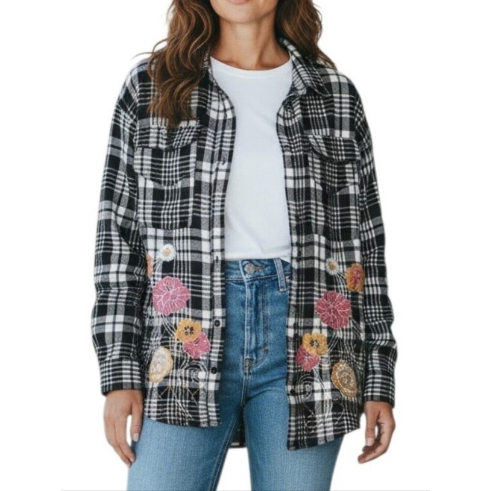 Savanna Jane Floral Embroidered Button Down Flannel Navy Plaid Shirt